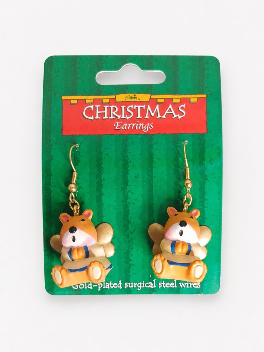 Gibson Christmas Bear Angel Earrings Gold-Plated Surgical Steel Holiday Vintage